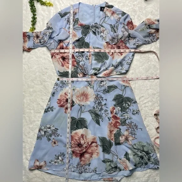 Bardot x Revolve Cutout Floral Frill Long Bell Sleeve Mini Dress in Blue Pink 6 - Picture 14 of 15